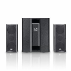 LD DAVE8ROADIE - Sistema de PA activo portátil con mezclador de 3 canales, subwoofer de 8", altavoces medios/agudos de 4", Amplificador Clase A/B Potencia del amplificador del sistema (RMS) 350 W. Potencia del amplificador del sistema (pico) 1400 W.