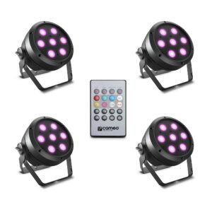 Cameo ROOT PAR 4 SET 1 - Focos PAR LED Set, 7 X 4 W. RGBW.  compuesto por 4 x CL ROOT PAR 4 incluyendo un control remoto IR (CLPFLAT1REMOTE)