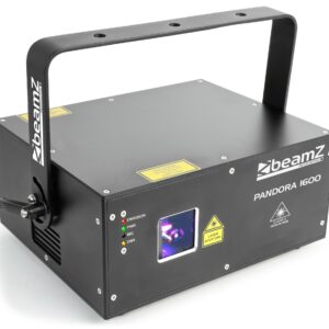 BEAMZ Profesional - LASER RGB TTL PANDORA 1600 ,  funciona con modulacion de color TTL, lo que significa que puede crear 7 colores a plena intensidad.  El laser puede controlarse por ILDA y DMX o de forma Autónoma o ritmo de la música.