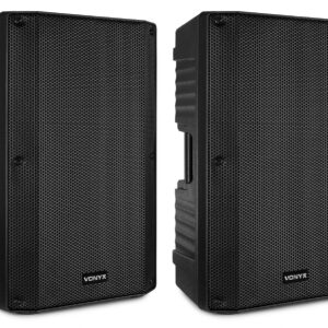 Vonyx audio VSS150 - SET SISTEMA ACTIVO DE ALTAVOCES PA ESTÉREO 15", amplificador dual 1.000W. stereo reproductor USB y receptor BT para stream tu música de forma inalámbrica desde smartphone o tableta(1 activo y 1 pasivo de 15")