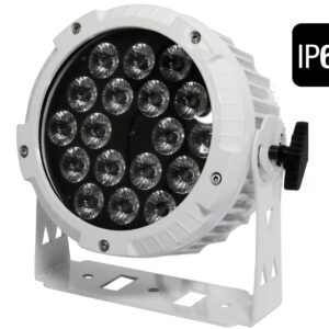 FOS PAR 18X10WPRO IP65 PEARL - Carcasa de aluminio blanco resistente a la intemperie led par con conectores IP, Apertura del haz: 30 °, 18 LED RGBW 10w (4in1) Atenuador: 0-100% efecto stop / estroboscópico, aluminio 4kg, sistema de refrigeración silencioso.