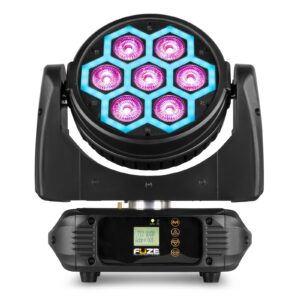 BeamZ Pro -  FUZE712 CABEZA MÓVIL WASH CON EFECTO LED SMD - 7x 12W 4-en-1 LEDs RGBW (rojo, verde, azul, blanco) 60x LEDs SMD para efecto Neon Temperatura de color lineal 2800K-8000K Control total por LED 23 o 28 canales DMX DMX, Auto, Ritmo de la música y color estático Master/esclavo 0-100% Dimmer Electrónico