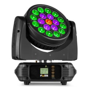 BeamZ Pro - FUZE1910 CABEZA MÓVIL WASH CON CONTROL POR ANILLOS - 19x 10W 4-en-1 LEDs RGBW (rojo, verde, azul, blanco) Temperatura de color lineal 2800K-8000K Control por círculos de LEDs 16 o 28 canales DMX DMX, Auto, Ritmo de la música y Autónomo Master/esclavo 0-100% Dimmer Electrónico