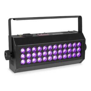 BeamZ - FLOOD36UV BAÑO DE COLOR LED UV - Baño de color LED con UV LEDs de alta potencia 36x 3W UV Controlable por sección (4 secciones) Función Strobo DMX y autónomo 4 o 8 canales DMX Master/esclavo Ritmo de la música o Auto Panel de control con display LED