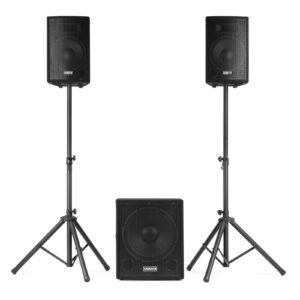 Vonyx -  VX1015BT 2.1 CONJUNTO ALTAVOCES ACTIVOS 15” - Conjunto activo 2.1 15″ Subwoofer y dos satelites 10″ Reproductor Multimedia con MP3 Receptor BT para audio streaming Control de graves y agudos Ecualizador de doble banda para los satélites Línea in-/out