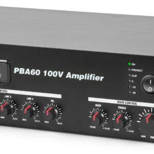 Power Dynamics -  PBA60 - AMPLIFICADOR LINEA 100V 60W, Reproductor MP3 via USB y SD Receptor BT para audio streaming Ecualizador incorporado con presets Mando a distancia IR Linea 100V / 70V o 16, 8 ,4 Ohmios