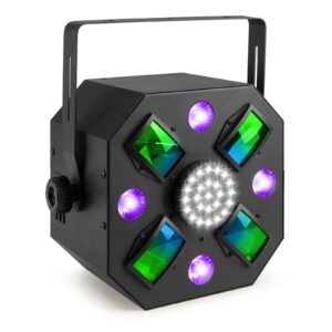 BeamZ -  MULTIACE3-  EFECTO LED 3-EN-1 - Efecto 3 en 1 con Derby, UV LED y Strobe Efecto Derby con 6 LED RGBAWP de 3 W 4 LED UV de 3 W Unidad de estroboscopio con 24 LED SMD blancos Modo DMX y autónomo 8 canales DMX Función maestro/esclavo