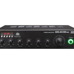 AMS- AML 60 USB MKII - Etapas 100v Instalación Audio,  mezclador/amplificador de instalación que puede operar tanto en baja impedancia (4/8 Ohm) como línea de 70/100V. Incluye 4 fuentes de entrada (1 AUX + 1 PHONO + 2 MIC)