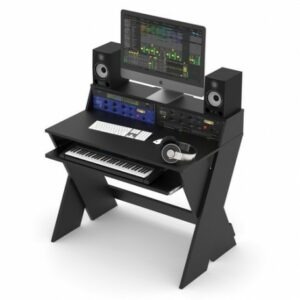 RELOOP - GLORIOUS SOUND DESK COMPACT BLACK - Mueble estación de trabajo ofrece espacio para monitores de estudio a la altura de los oídos y una pantalla a la altura de los ojos. Justo debajo, proporciona dos espacios para racks de 19""(48,26cm) de 3U cada uno.Disponible en negro, blanco, y nogal.