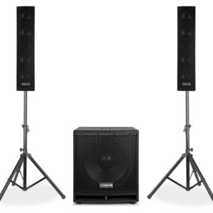 VONYX -  VX880BT - CONJUNTO 2.1 ACTIVO. Este conjunto incluye un subwoofer de 15" con dos columnas de madera. Ambas columnas están equipadas con altavoces 4x 2.5" y tweeter 1x 2.5". BT, MP3, USB, SD. Incluye trípode, cable de altavoz y micrófono