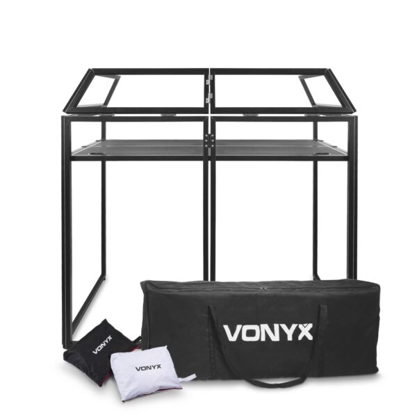 VONYX -  DB3 CABINA PRO DJ - Mesa cabina de DJ plegable perforada Incluye covertores de licra blanco y negro (Retardante de llama) Diseño plegable y compacto