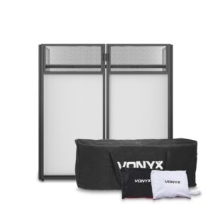 VONYX - DB4 PRO SISTEMA DE CABINA DJ PLEGABLE DE 4 CUERPOS. Mesa DJ perforada plegable que encaja en la cabina DJ Incluye cobertores en licra negra y blanca (Retardante de llama)